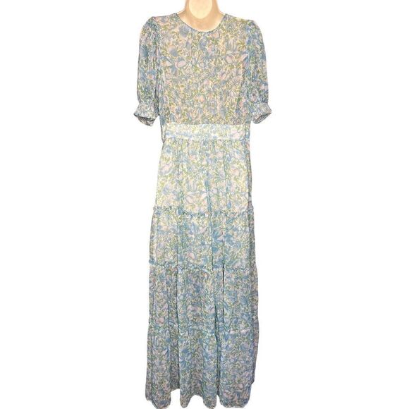 BYTIMO Blue Floral Tiered Chiffon Maxi DRESS -  NWT Size Medium - Picture 8 of 12